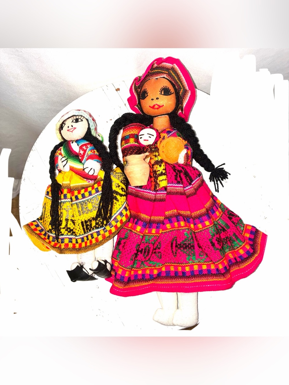 Lot of 2 Primitive Peruvian Rag Dolls with Babies Braided Black Hair Folk Dress